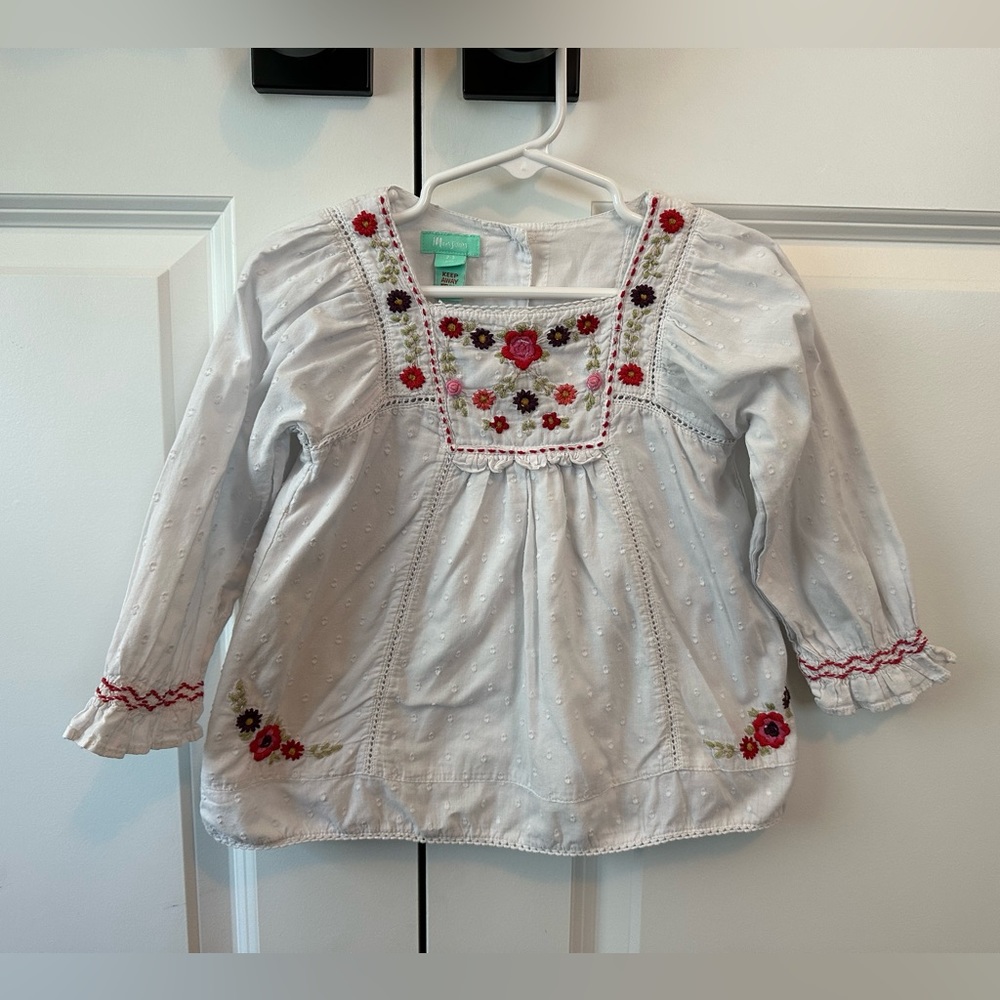 Monsoon Girls Floral Embroidered Swiss Dot Long Sleeve Top (Size 2-3)